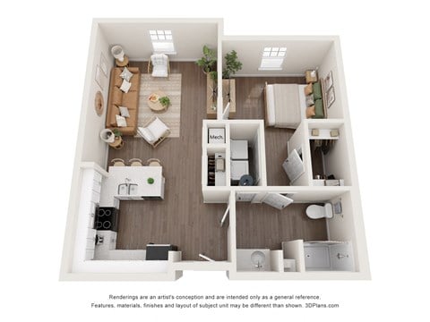 Floor plan for 1 bed, 1 bath, 736 sqft